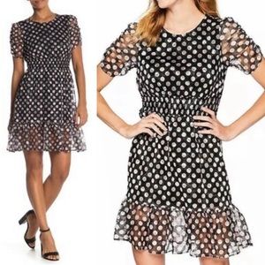 Betsey Johnson Lace Polka Dot Dress Black White pink Size 8 Smocked waist